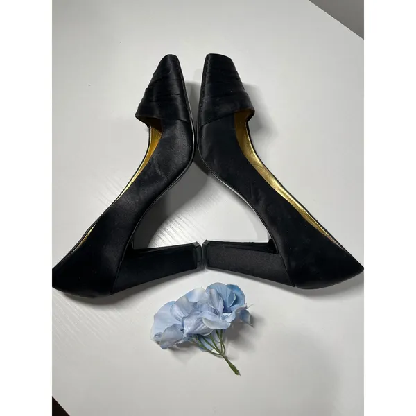AK Anne Klein Aktaran Black Satin Peep Toe Block Heel Pumps Size‎ 6.5M - Image 5