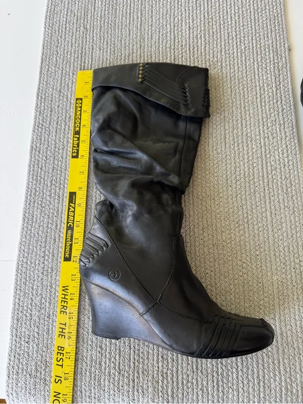 Bronx Black Studded Leather Wedge Knee-High Boots with Woven Detail Sz 8.5 - Image 6