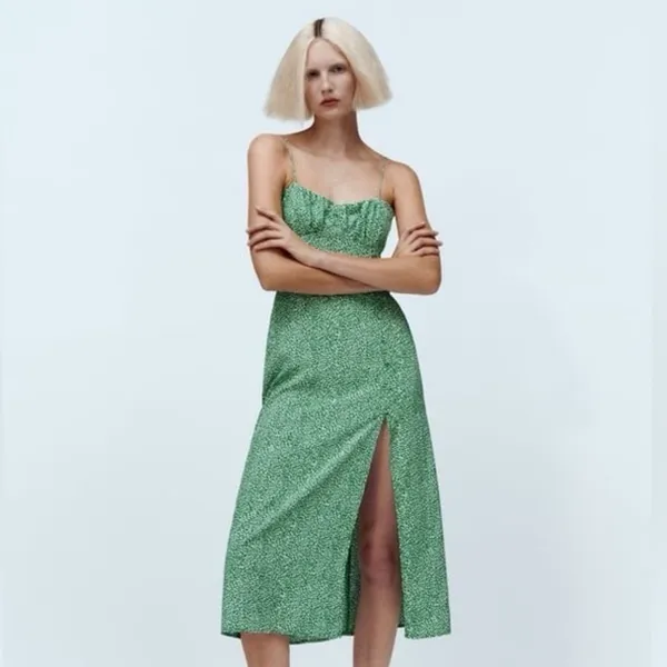 Zara Printed Corsetry-Inspired Dress Green White Leopard Cheetah Size XS - Image 2