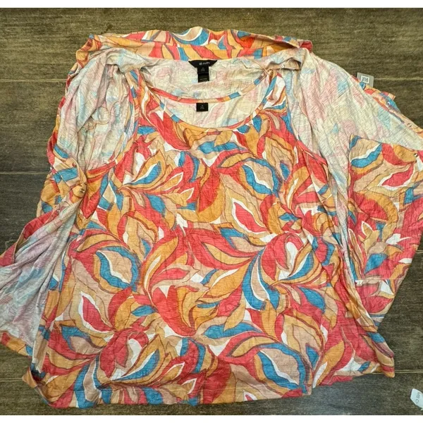 Ali Miles Size 2X Top Snap Up 2 Pc Tank Blouse Pink Crinkle Colorful Retro Mod - Image 10