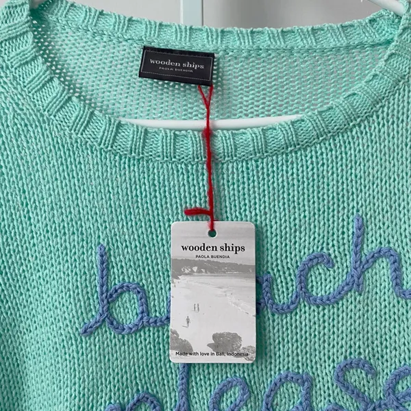 Wooden Ships Cotton Beachy Coastal Beach Please Graphic Knit Sweater XS/S Mint‎ - Image 4