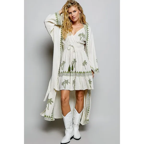 POL Palm Tree Print Wrap Bodice Smocked Waist Ruffle Hem Dress - Medium - Image 6