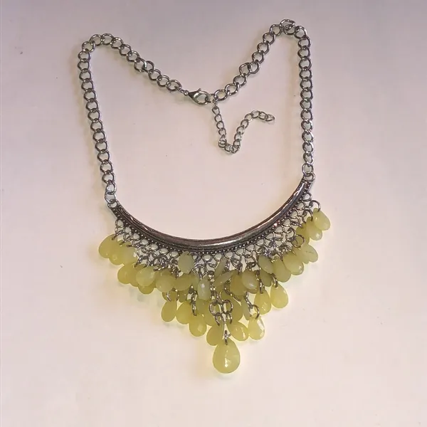 Yellow Teardrop Fringe Silver Tone Statement Necklace - Image 2