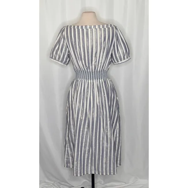 Anthropologie SEEN WORN KEPT Jenna Lurex Stripe Dress Blue White‎ Midi Size 12 - Image 9