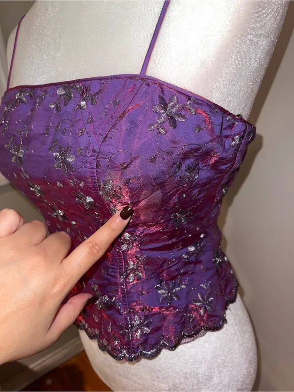 Purple Floral Beaded Spaghetti Strap Top - Image 3