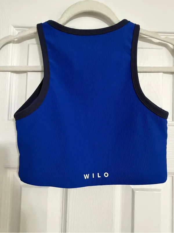WILO Blue Ribbed Cropped Tank with navy Trim‎ size small Australia activewear - Image 5