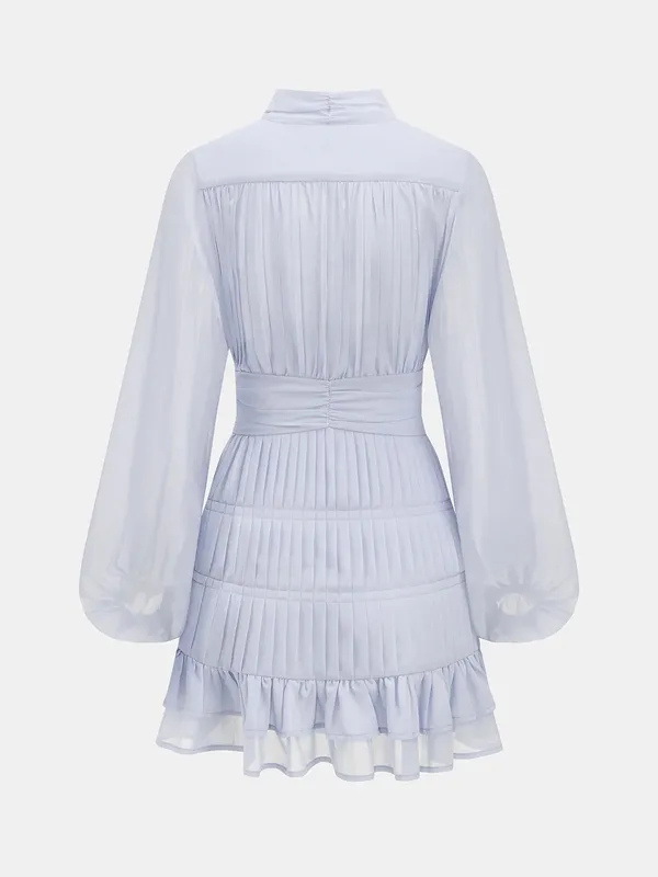 Commense soft blue Pleated Button Long Sleeve Ruffled Mini Dress XS New - Image 2