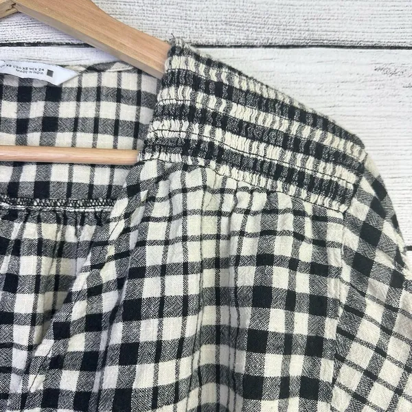 Zara Womens XS Gingham Top Cropped Plaid Flannel Black White Puff Sleeve‎ - Image 4