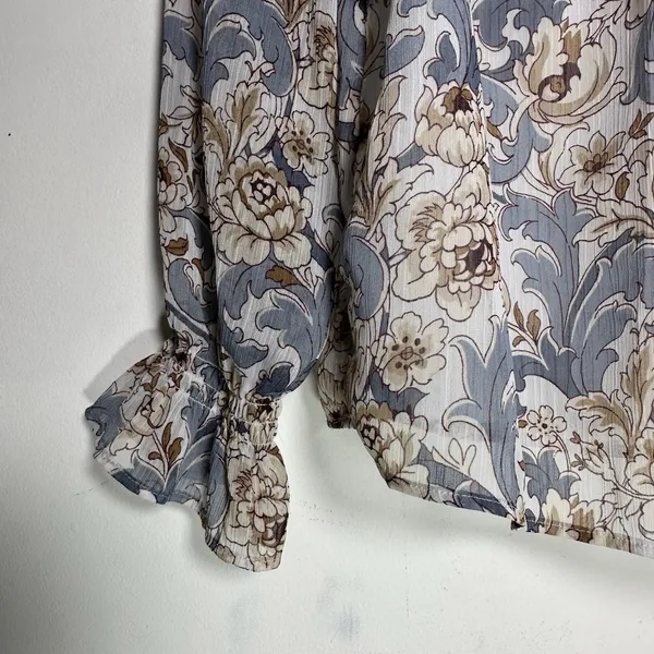 Ann Taylor‎ Factory MP Floral Damask Blouse Blue Tan Ruffle Cuff Long Sleeve - Image 8