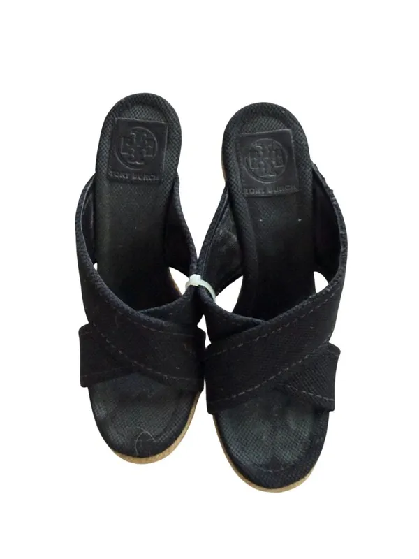TORY BURCH Black Canvas Espadrilles Wedges Sandals Size 7.5 - Image 6