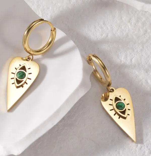 Malachite Center Stone Dangling Heart Gold Hoop Earrings - Image 3