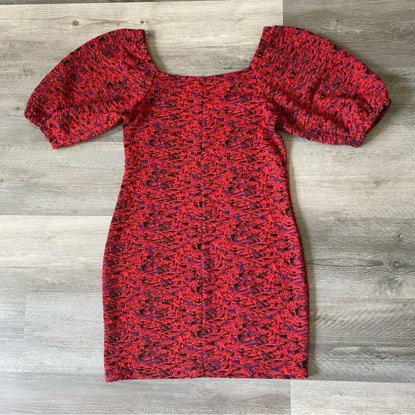 Free People Bodycon Dress Red Jacquard Balloon Sleeves Small Stretchy - Image 6