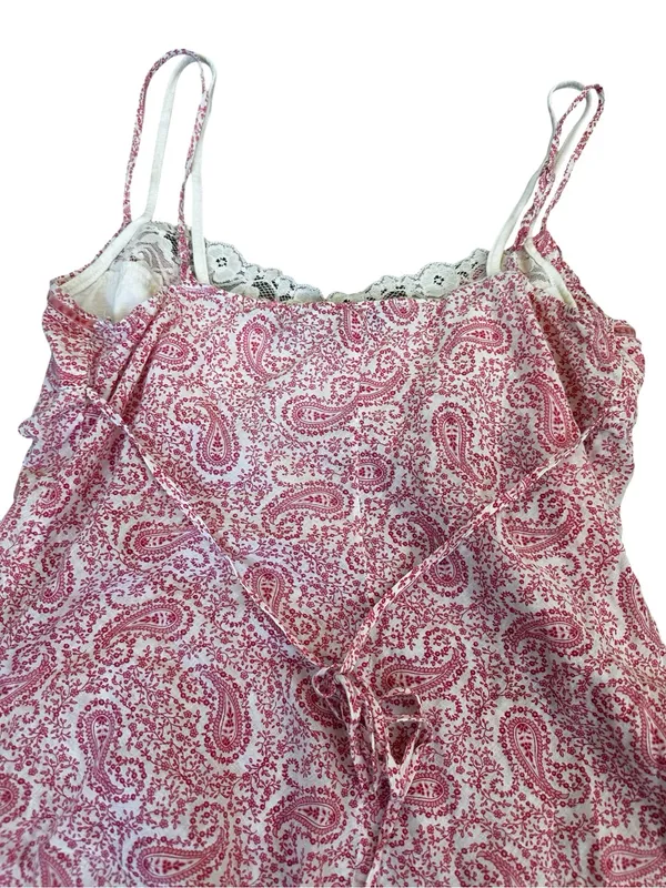 Vintage Anchor Blue Pink Paisley Babydoll Top Tie Back Cream Lace Trim Y2K - Image 5