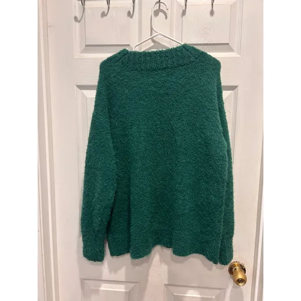 Aerie Womens Forest Green Oversized Boucle V-Neck‎ Sweater M Fuzzy Wool Blend - Image 4