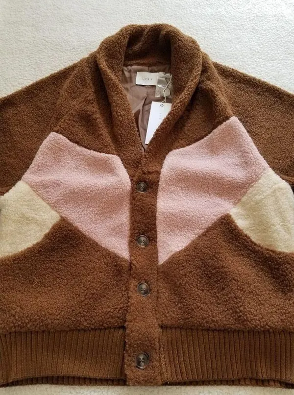 LUSH Women's Teddy Jacket Coat Color-block Brown Cream Pink Size S - Image 3