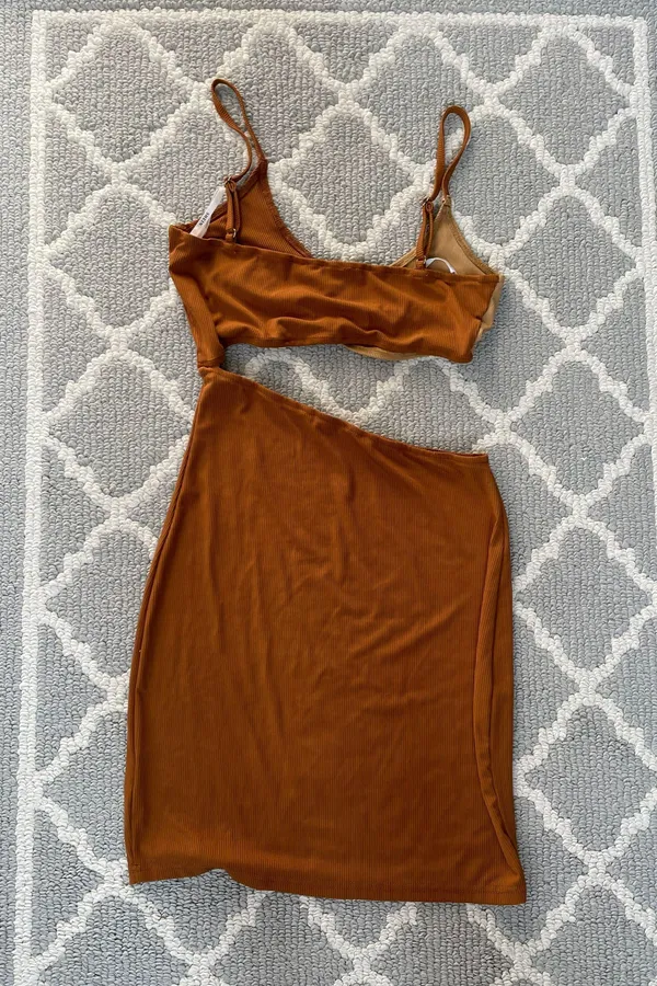 Brown Color Block Cut Out O Ring Mini Dress - Image 7
