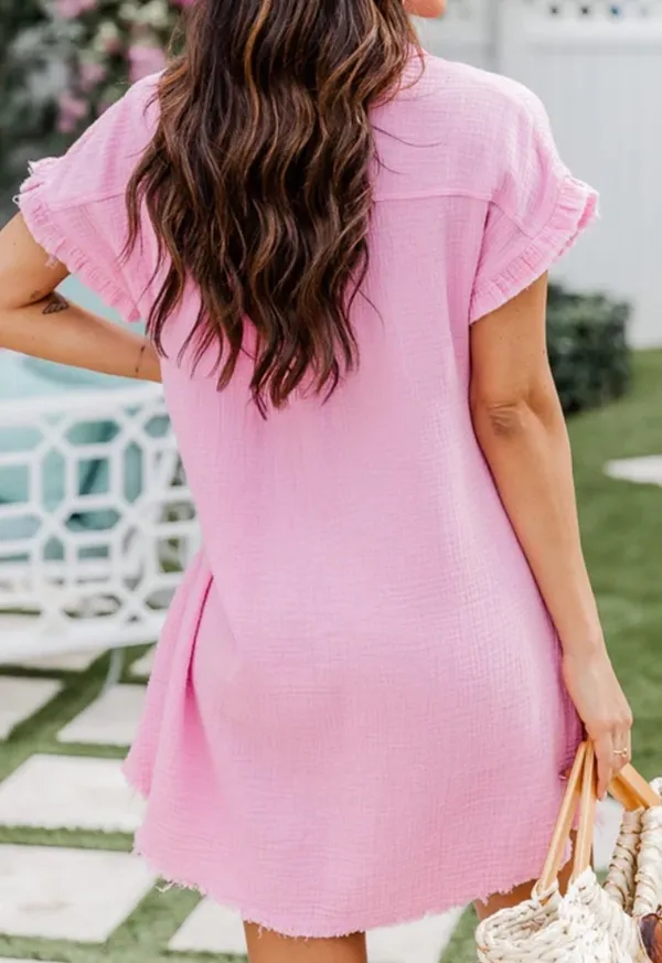 Pink Lily No Worries Pink Gauze Button Up Dress - Image 2