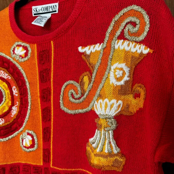 Vintage Grecian Embroidered‎ Sweater M Eccentric Artsy Geometric Maximalist 90s - Image 8