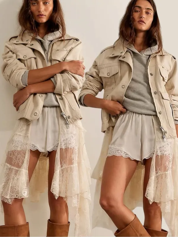 Free People Bohemian Kali Washed Utility Military Canvas Jacket Neutral Medium - Image 2