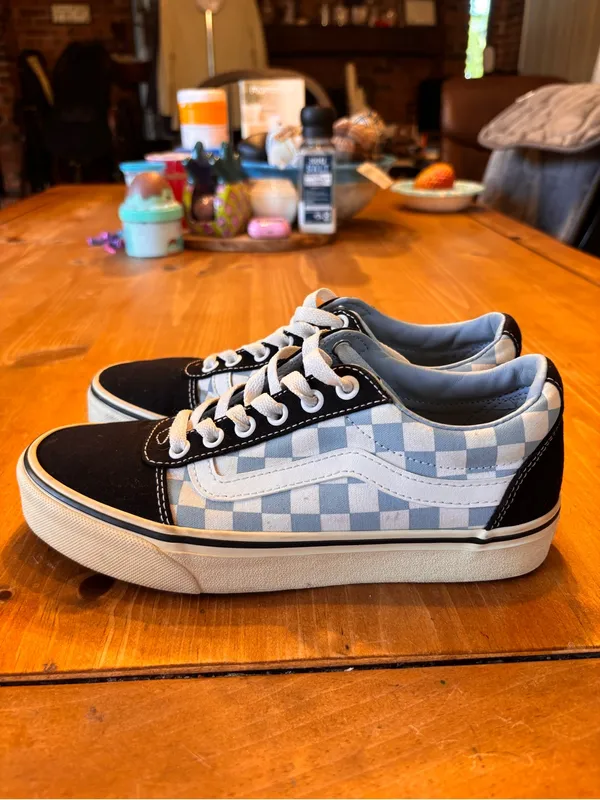 Vans womens old Skool checkerboard light blue and white sneakers 7 - Image 2