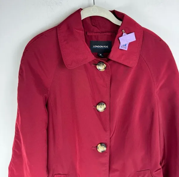 London Fog Red Button Front Trench Coat Jacket Sz Medium Plaid Flannel Lined - Image 8