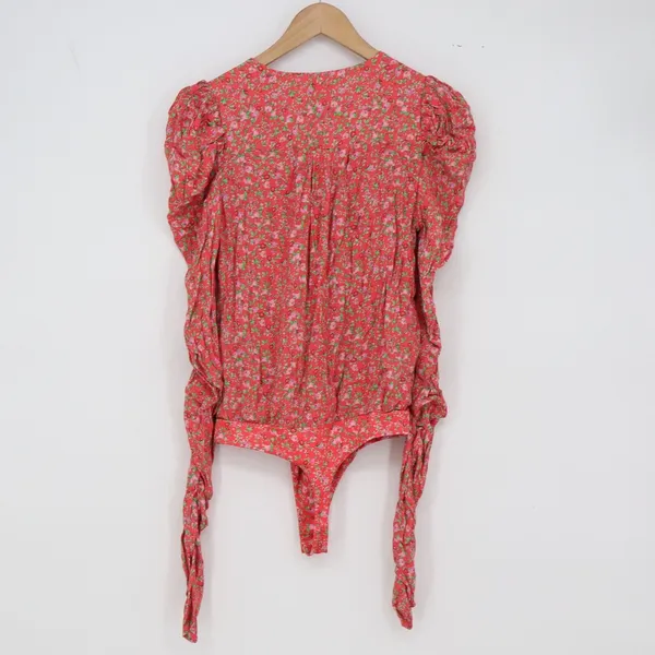 AFRM Bodysuit Womens S Red Floral Puff Ruched Long Sleeve - Image 4