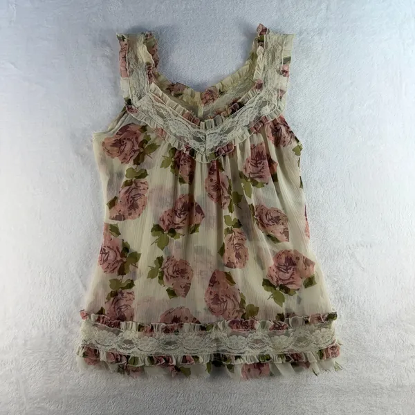 VTG Y2K Passport S Babydoll Top Floral Lace Ruffle Romantic Coquette Cottagecore - Image 3