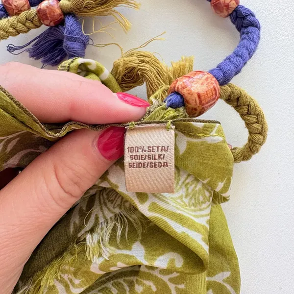 Sete di Jaipur Scarf Women OS Green Paisley‎ Silk Tassel Bead Fringed - Image 3