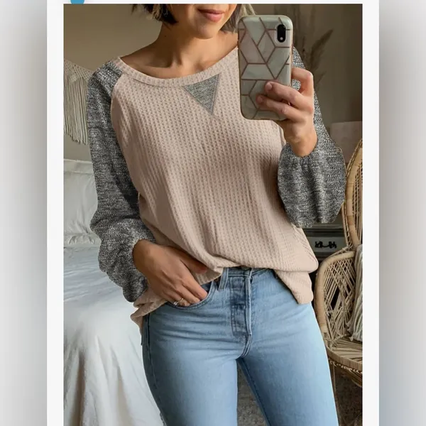 NEW Waffle Knit Tops Casual Crewneck Contrast Long Sleeve Shirt Loose Pullover M - Image 2