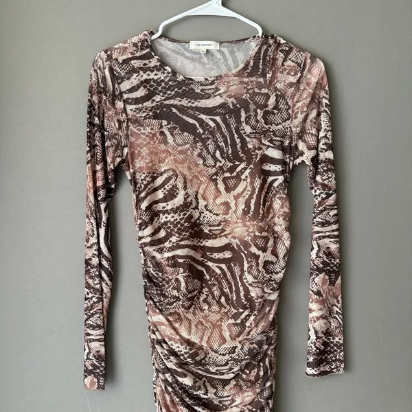 No Comment L‎ Brown Animal Print Mesh Ruched Bodycon Maxi Dress Rave Festival - Image 2