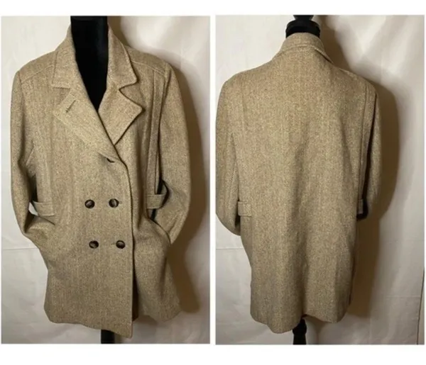 Vintage Arlette Tweed Camel Herringbone Menswear Style Pea Coat. - Image 2