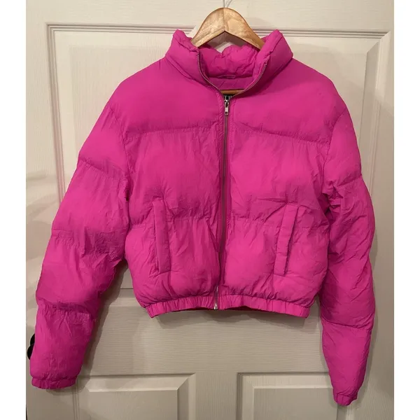 Sweet Habit Pink Puffer Jacket Cropped Hot Pink Y2K Winter Coat, Small - Image 2