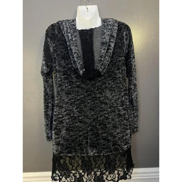 Vine Street Tunic Top Womens Medium Gray Velour Hooded Lace Hem Long Sleeve - Image 7