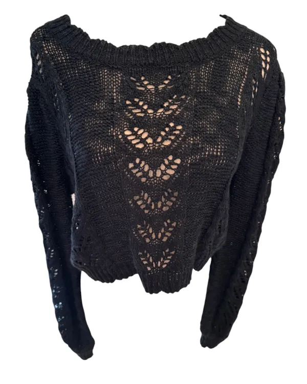 Storia Black Pointelle Open Weave Cropped Sweater M - Image 2