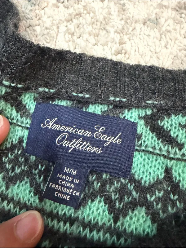 American Eagle Y2K Teal Black Patterned Wool Mohair Sweater M - Image 5