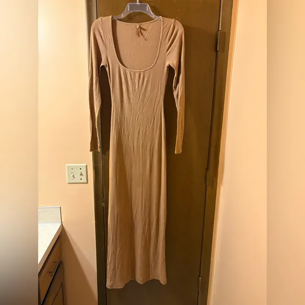 Skims Soft Lounge Shimmer Long Sleeve Maxi Dress in Camel - Image 3