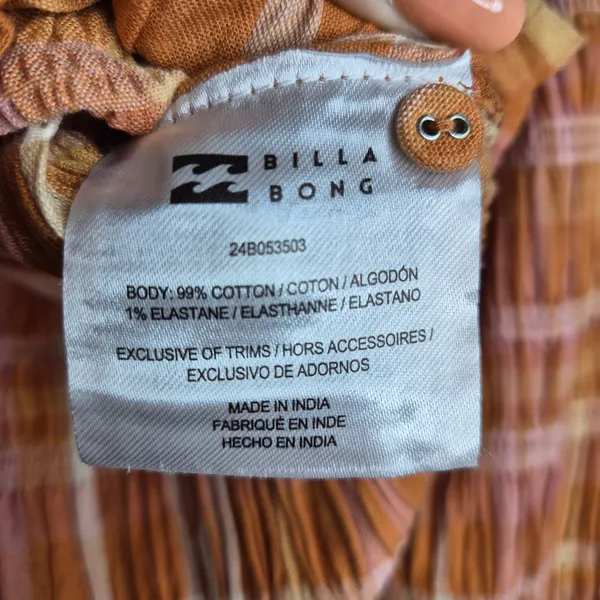 NWT Billabong Check Me Out Crop Top Plaid Smocked Long Sleeve Sunburnt Orange L - Image 6
