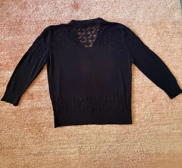 Black Lace Openwork Knit Cardigan 3/4 Sleeve Button Front Fitted Sweater - Image 5