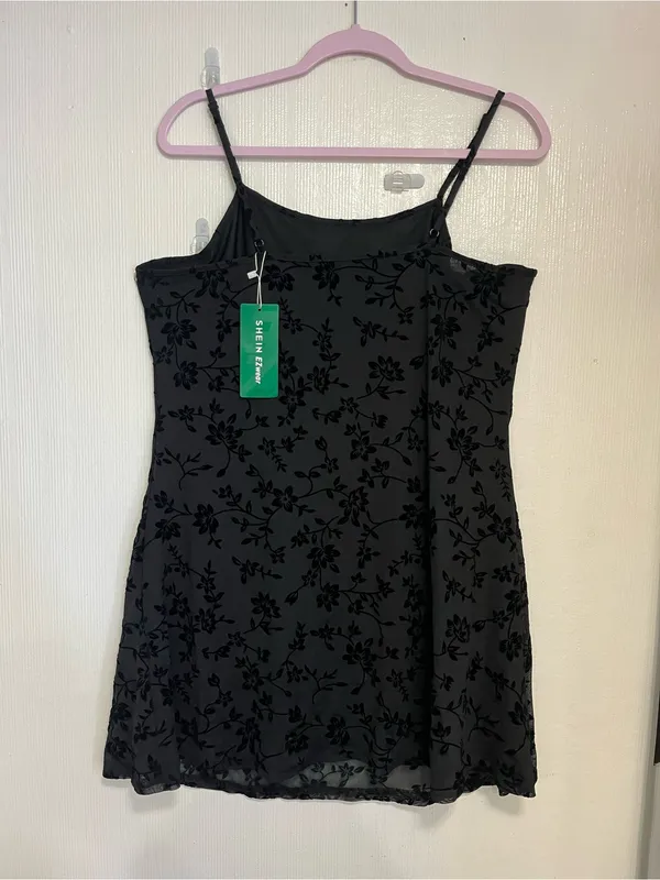 SHEIN Black Floral Flocked Mesh Midi Dress - Image 7
