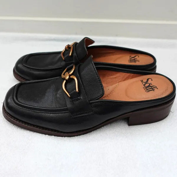 Sofft Black Leather Slide-On Bronze Metal Horsebit Accent Loafer Mules US 8 - Image 4