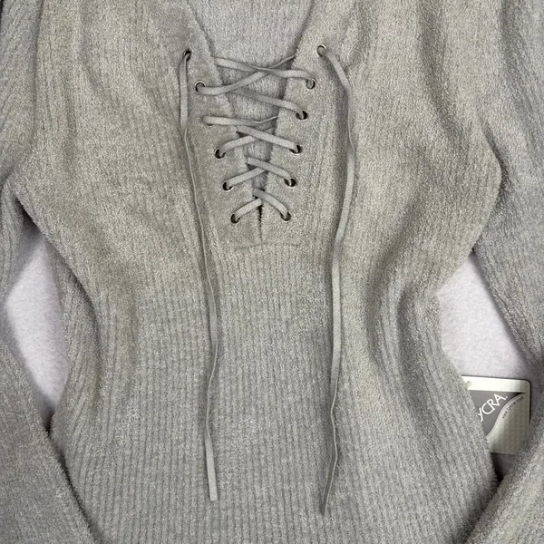 VTG Moda International Lace-Up Long Sleeve Women’s M Gray Ribbed Y2K Cozy Grunge - Image 3