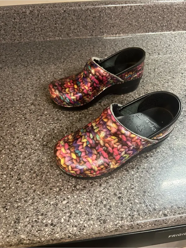 Dansko Multicolor Knit-Effect Clogs in Bright Rainbow - Image 2