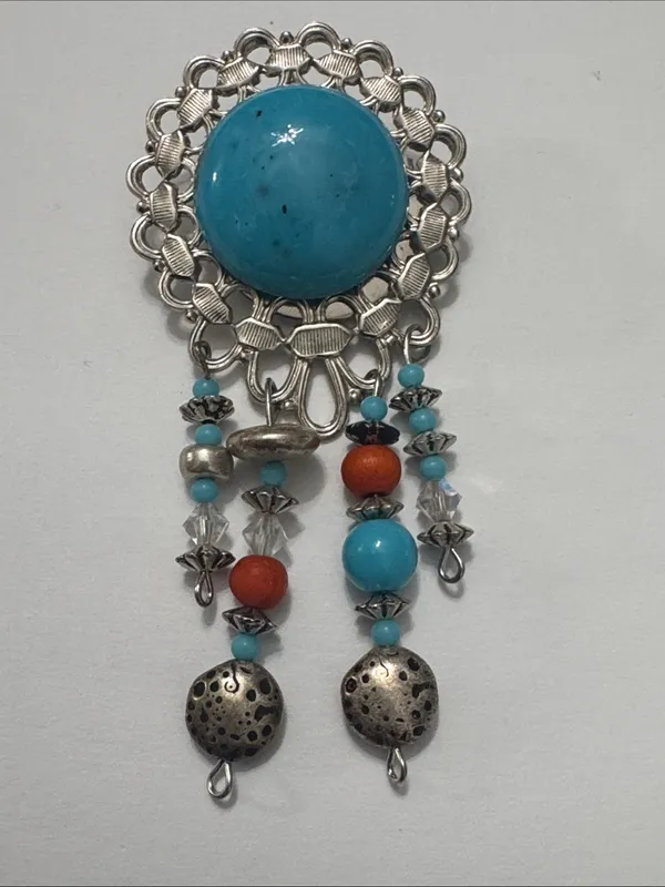 Vintage Turquoise& Coral Dangle Brooch — Silver-Tone Women’s Jewelry - Image 8