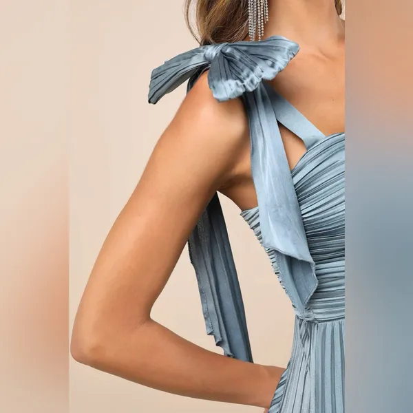 Lulus Gorgeous Purpose Slate Satin Pleated Sleeveless Bow Maxi Dress Size Medium - Image 3