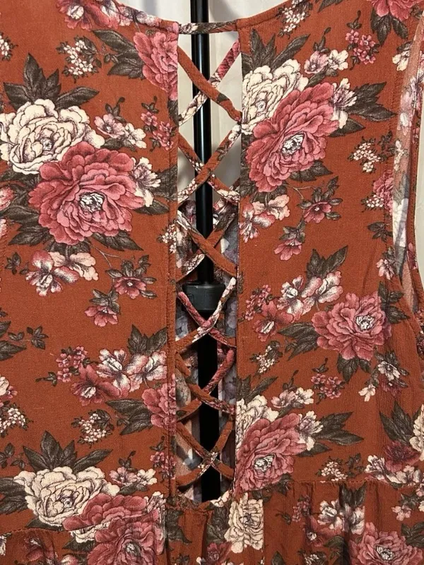 American Eagle Outfitters Baby Doll Tunic Top,Rust Floral Roses XL - Image 4