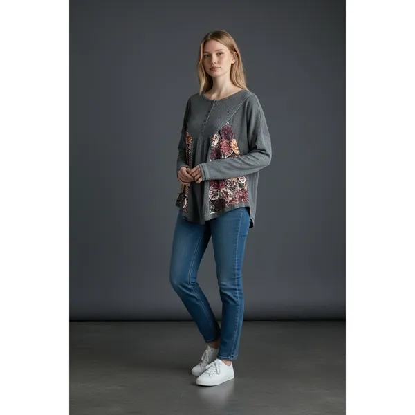 UMGEE USA Gray Waffle Knit Floral Patchwork Button Front‎ Tunic Top XL - Image 6