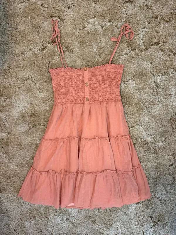 Altar'd State Coral Smocked Tiered Mini Dress Medium Tie Strap Boho - Image 4