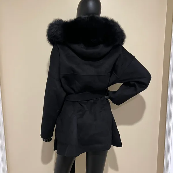 Fox Fur Winter Trench Coat Wool Jacket Parka Bomber Fall Jacket Warm Cardigan Black Size M - Image 8