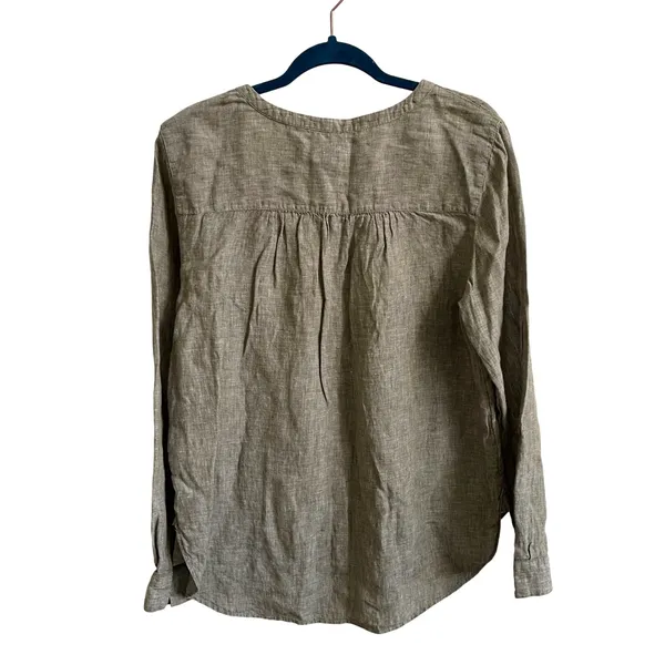 Jones New York Linen Tunic Women Large Olive Green Coastal Boho Henley Roll Tab‎ - Image 4