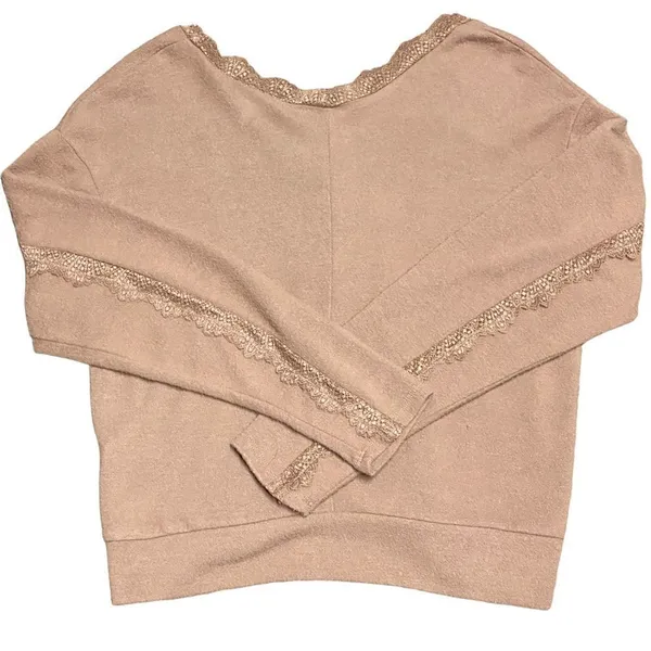 Self E V Neck Long Sleeve Crop Sweater With Lace Trim - Image 3
